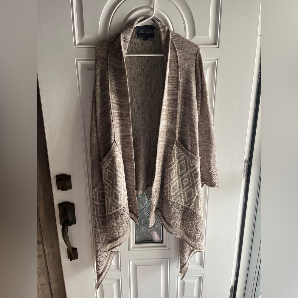 Kimono knit open front cardigan size Medium Tan & White